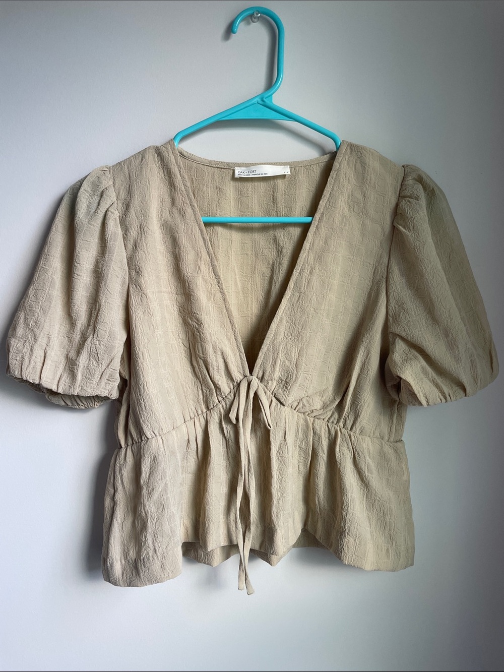 OAK + FORT Beige Puff Sleeve Tie-Front Top